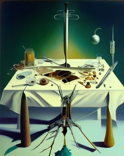 human body, universe-like table,complex surgical instruments mixed with human body-like musical instruments,minimalism,Painting By Adrian Ghenie, Rene Magritte, Salvador Dali, Lucian Freud