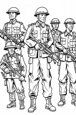 Outline art for coloring page OF A 1940'S TOY SET OF FOUR SMALL AMERICAN PLASTIC TOY ARMY SOLDIERS, coloring page, white background, Sketch style, only use outline, clean line art, white background, no shadows, no shading, no color, clear