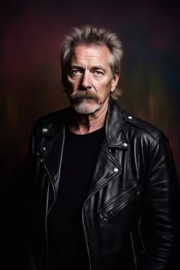 facial portrait, Head to waist image, chubby 59-year-old Scott Kendall wearing a black leather biker's jacket, black t-shirt, with (long, messy, blonde hair:1.3), mustache, goatee, bright, cobalt blue eyes, digital photograph, dark stained wall with fog in the background extremely colorful, foggy in the foreground, multicolored lightning and outer space in the background, professional quality digital photograph, ultra details, extremely sharp focus, the background of the image is a dark and tene