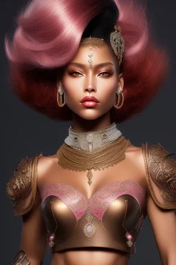 Beautiful perfect Portrait bronze skin, red to pink hair Dominican lady, bare muscular midriff BlackFuturism full body shot, full-color long shot skin-tight ornate black filigree sheer crop top armor and silver leather miniskirt positive space detailed hyperdetailed insane masterpiece picture of the day