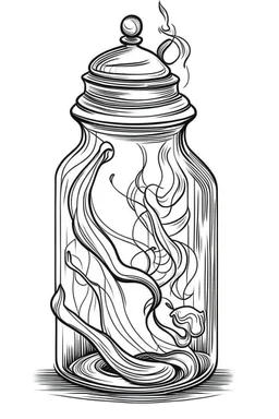 ghost stuck in the jar idea, line art, background, vector, svg, black outline on white background, leave plenty of white space beetween lines for coloring, tattoo style, tattoo idea,full body, minimalist