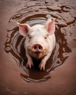 happy pig rolling in brown liquid puddle