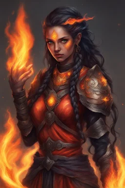 her eyes ablaze with fiery magic as she conjures flames with her hands.