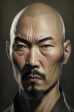 portrait of a man with Asian features, 30 years, sturdy build, quite bald, dark goatee