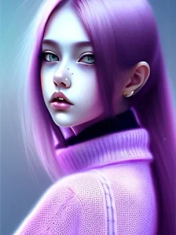 kawaii girl, purple hair, cute, semirealistic, sweater, close up portrait