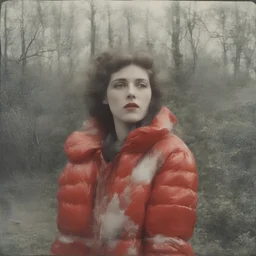 French singer Barbara,red, autochrome, plastic puffy jacket