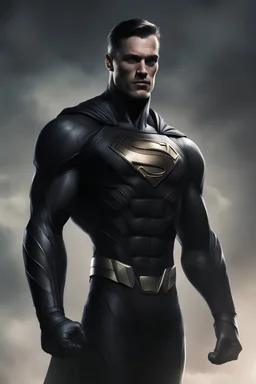 kryptonian, all black suit, strong and tall, flying