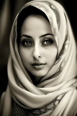 Draw me a picture of my beloved Mays, with beautiful big brown eyes, wearing her hijab, and with smooth, white skin