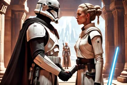 a bold and heroic bald Corellian pilot in black and grey First Order special forces gear meets a female Jedi Master in ancient, mystical temple, hyperdetailed, dynamic lighting, hyperdetailed background, 8k resolution, volumetric lighting, light skin, fully symmetric details