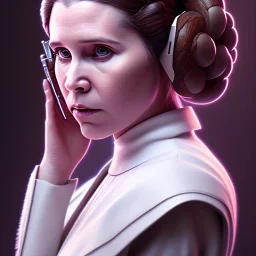 low angle beautiful half-body-portrait photo of princess leia from Star Wars played by Carrie Fisher, in the style of horizon zero dawn wlop, artgerm, akihiko yoshida, and liang xing, detailed face, doe eyes, intricate hair style, symmetrical eyes, trending on artstation, highly detailed, white dress, dynamic pose, intricate outfit, futuristic weapon, space ship and galaxy background