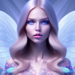  beautiful, soft, whide smile face, long blonde straight hair, blue eyes, fairy wings on the back, transparent crystal blue and pink background, big definition, 8K