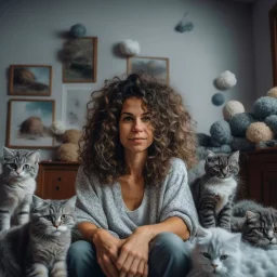 Portrait of woman with curly hair sitting in room full of clouds and fluffy kittens