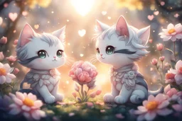 Cute chibi anime cat couple in love, flowers in sunshine, heart and love, watercolor and black ink outlines, ethereal, cinematic postprocessing, bokeh, dof Weight:1 detailed matte painting, deep color, fantastical, intricate detail, splash screen, complementary colors, fantasy concept art, 8k resolution trending on Artstation Unreal Engine 5 Weight:0.9