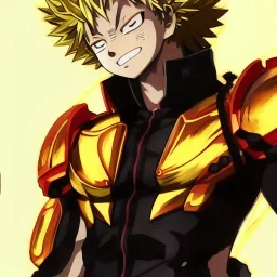 Detailed anime portrait of bakugo from my hero academia, gold hair and golden eyes, black suit, intricate details, full body portrait, keep head in frame, slight smile, black Japanese motif, concept art, highly detailed, digital painting, concept art, sharp focus, illustration, art by Yoji Shinkawa, WLOP and greg rutkowski and alphonse mucha and artgerm and yanjun Chen and Junji ito and Makoto Shinkai, HDR, octane render