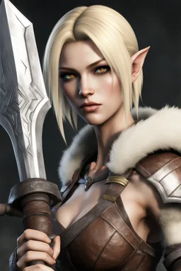 A female bosmer barbarian from Skyrim with dark brown eyes, blonde, short hair, holding orcish maul in hands, in the style of Tite Kubo's Bleach