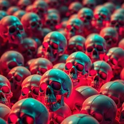 a field of 1000s of psychedelic psilocybin induced anatomically correct, skulls, vivid RANDOM BRIGHT neon colors, dark comedy, well lit, high detail, photorealistic, horrorcore, fun, scary, none featured, each a different color or hue, close to anatomically correctA MECHANICAL NON HUMAN SKULL AND DARK SLIMEY AND GIVING BIRTH SHARKS TEETH with a touch of H.R. Giger's biomechanical aesthetic. Hyperdetailed and rendered in 8k resolution, a true masterpiece. hyperdetailed intricately