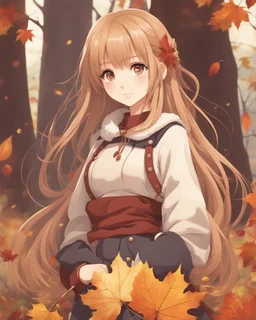 A young girl with long hair and autumn clothes in the autumn forest, beautiful portrait anime