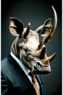 Portrait of an {Angry Rhino} wearing a {Black} suit and sunglasses, {black} color background, realistic photography, shot on Sony dslr camera, Fujifilm --s 250