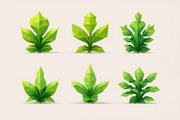 concept art of six low poly stylized alien dry single leaf plant on a neutral background. Strange fictional extraterrestrial flora with unusual shapes