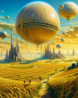 Prompt: A surreal landscape depicting a futuristic city with towering skyscrapers set within a giant spherical structure. In the foreground, winding roads traverse golden fields of wheat, interspersed with small houses and people walking. The background features a blend of natural and urban elements, with planets visible in the sky, creating a harmonious juxtaposition of nature and technology. The overall color palette leans towards soft pastels, evoking a dreamlike atmosphere.