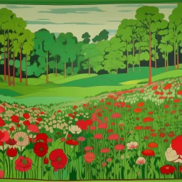 A green field with flowers near a forest designed in medieval tapestry painted by Andy Warhol