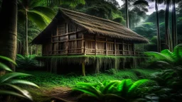 Sarawak tribal longhouse, exterior view, in a clearing in the jungle, livestock, award-winning photograph, beautiful composition, exquisite detail and illumination