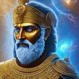 symetrical, centered, ultra detailed, digital art, in center is a portrait of highly detailed greek colossus god zeus surrounded by quantum galaxy codes seeking knowledge, detailed face with human colors, eyes filled with galaxy, dominating colors = gray light blue and dark gold, lightning, smoke,