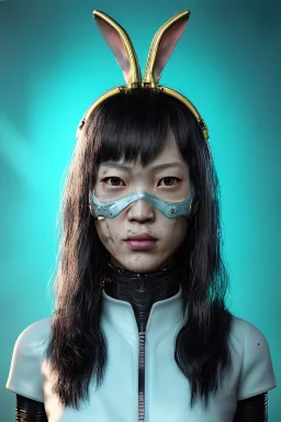 MCU Portrait, Front image. cyberpunk Asian sweet woman. Ceramic rabbit mask, latex suit. Red, black, gold, color. Punk style. highly detailed, concept art, smooth, unreal engine 5, god rays, ray tracing, RTX, lumen lighting, ultra detail, volumetric lighting, 3d, finely drawn, high definition, high resolution.