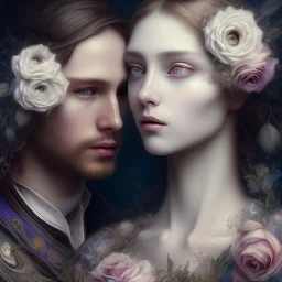 Romeo and Juliet. dramatic,romantic, muse of flowers, award winning, carne griffiths, portrait, intricate details, dynamic effects, white long hair, intricate eyes, detailed face, surreal hair, aristocratic clothes, professional ominous concept art, by artgerm and greg rutkowski, an intricate, elegant, highly detailed digital painting, concept art, smooth, sharp focus, illustration, in the style of simon stalenhag, wayne barlowe, and igor kieryluk.