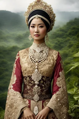 Gorgeous photography islamic Javanese Indonesian bride over the valley, half body, proud beauty, cap, scarf, embroidered Javanese Indonesian women's princess dress of the 19th century, top dress "jan", cross fasteners bibs, caftan "kIekI", top swing dress "sai" emphasis on small details and pattern , intricate beautiful, rich, complex pattern, pearls, gold beads, cabochons, on leather and velvet, gold braid around the edge, garus, gimp, watercolor, ink drawing, hyperrealistic, art photo, folklor