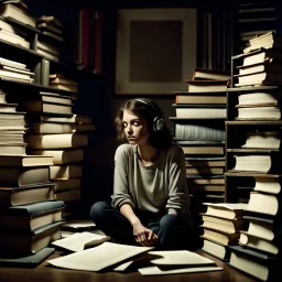 As the music begins, a young woman sits alone in a dimly lit room, surrounded by stacks of dusty books and papers. She looks lost in thought, her eyes fixed on a single spot on the wall as she listens intently to the low-quality recording on the tape player in front of her. The noise and distortion of the recording seem to match the turmoil in her mind, as she struggles to make sense of the confusing and conflicting ideas swirling around her. As the male vocal enters, the woman's eyes flicker u