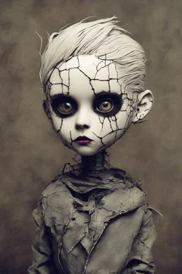 full color, illustration of a dark, menacing, short haired, motorcycle girl, as a decayed, broken, crude homemade cloth doll toy, with a narrow cracked porcelain face, thick dark eyebrows, hair made from ragged strips of cloth, in the style of Alex Pardee, Tim Burton, and Nadya Sheremet