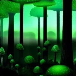 Forêt de champignons géants, réaliste, sombre, brumeux, bioluminescence .