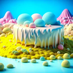 detailed peaceful landscape made of cake frosting, cotton candy, ice cream, strong texture, extreme detail, octane render