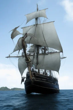 front view of a wooden ship with a spider figurehead