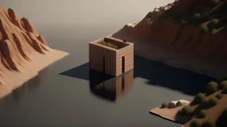MINIMALIST CUBIC BUILDING ON THE ROCKY SHORE OF A LAKE, Top view, Pixar, Lissajous, Desert, Auburn hair