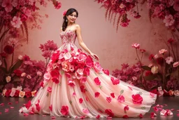 picture of lady with a maxi dress made of pretty artistic flowers style posing in a art an romantic stage