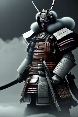 full portrait of techno samurai, high detail, volumetric lighting, tiny features, intricate detail, volumetric clouds