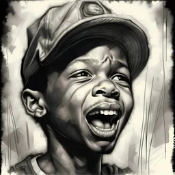 half smile deep emotional portrait OF young African boy shouting boy wearing BLACK NY yANKEES CAP with a microphone ,JEREMY MANN ,charcoal pencil strokedcross hatch technique minimalist illustration