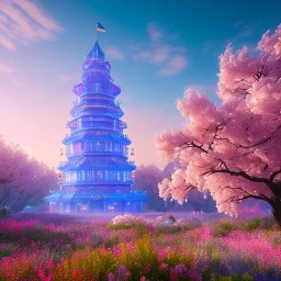 Blue cristal tower in a flowery countryside, glitter pink in a galactic ambiance, delicate colors in the foreground, full of details, smooth, light effect，vaporwave colorful, smooth, extremely sharp detail, finely tuned detail, ultra high definition, 8 k, unreal engine 5, ultra sharp focus