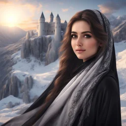 Hyper Realistic close-up-view of Beautiful Happy Pashto Girl with beautiful hair & beautiful eyes fully-covered-in-black-dress-&-white-shawl standing outside her-huge-ice-castle on mountain-top with cloudy-sunset showing dramatic & cinematic ambiance