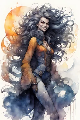 ink wash and watercolor full body concept illustration of an anthropomorphic, smiling, fanciful wolf, girl character with wildly flowing hair, ornately dressed with highly detailed feathers and facial features in the comic book style of Bill Sienkiewicz and Jean Giraud Moebius, with a fine art aesthetic, highly detailed , boldly inked, 4k UHD cinegraphic quality