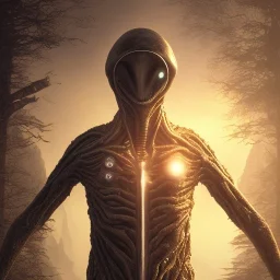 horror movie full character profile pic running alien portrait , black jogging suite , in the sunset Alps, golden light , holding leaves and flowers , angels background, volumetric light, high detail, dark leaf tree, dark mountains in background, perfect