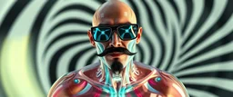 cyber jobe, flying yoga magic , lawn mover man movie character, portrait of upper body of cool transparent guy made with nano tape and with shades and mustache and bald head, saw blade beholder eye tyrant flating beholder kin with eyes on each saw blade tooth saying something profound, hypnotic zebra twirl background, with chrome reflections, like he is floating in a giger cartoon