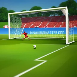 Soccer player kicking a ball into the goal with a lot of force, cartoon art