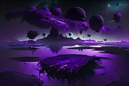 Floating Islands, Dark Purple and Black Night Sky, Stars, Space, Distant Alien Planets, Numerious Islands, Dead Grass, Dense Purple Fog