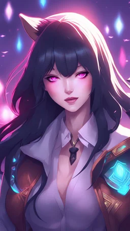 A close hot picture of Ahri with black hair and Clothes and nine Sia with neon glowing in fantasy world