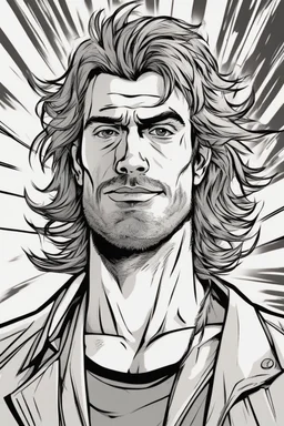 man with scruffy hair, stubble and a judgmental facial expression comic book style