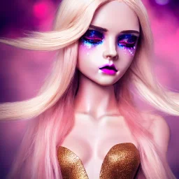 1 full body shot, masterpiece galactic gold metalic, best quality, white skinned, sparkling eyes, fluorescent skin,pink makeup, fairy style,long hair, highly detailed body, sun light, 4K, RAW, depth of field, high contrast, realistic details, 24mm