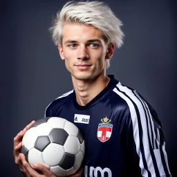 85mm DSLR color photography of a very detailed headshot fitting all of head and hair in frame. 18-year-old Austrian soccer player, and with no facial hair and has no facial hair, has short length straight white hair with a small smile, grey background, no body shot